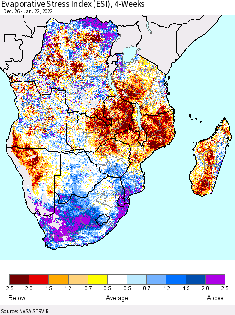 Southern Africa Evaporative Stress Index (ESI), 4-Weeks Thematic Map For 1/17/2022 - 1/23/2022