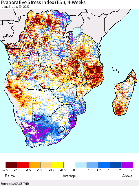 Southern Africa Evaporative Stress Index (ESI), 4-Weeks Thematic Map For 1/24/2022 - 1/30/2022