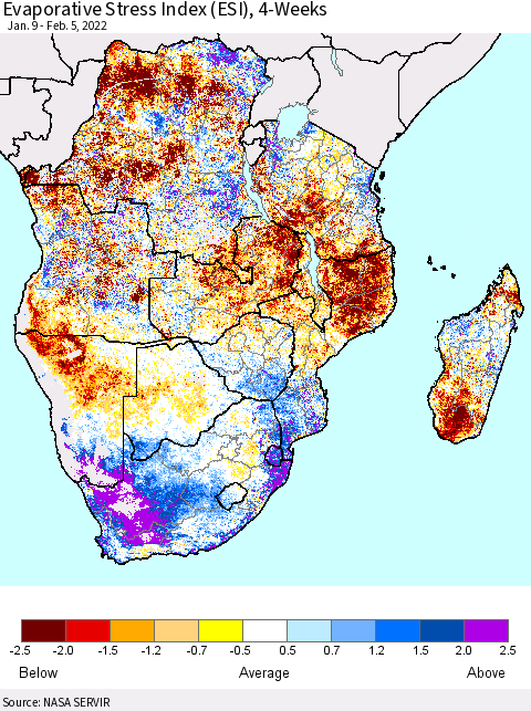 Southern Africa Evaporative Stress Index (ESI), 4-Weeks Thematic Map For 1/31/2022 - 2/6/2022