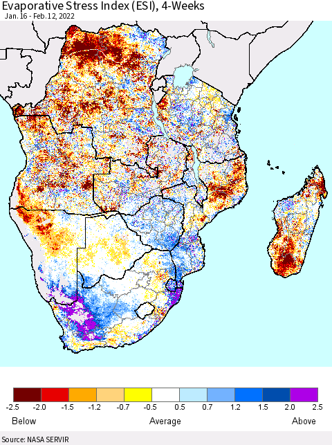 Southern Africa Evaporative Stress Index (ESI), 4-Weeks Thematic Map For 2/7/2022 - 2/13/2022