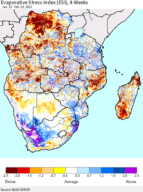 Southern Africa Evaporative Stress Index (ESI), 4-Weeks Thematic Map For 2/14/2022 - 2/20/2022