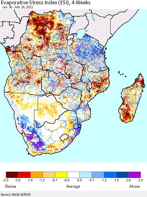 Southern Africa Evaporative Stress Index (ESI), 4-Weeks Thematic Map For 2/21/2022 - 2/27/2022