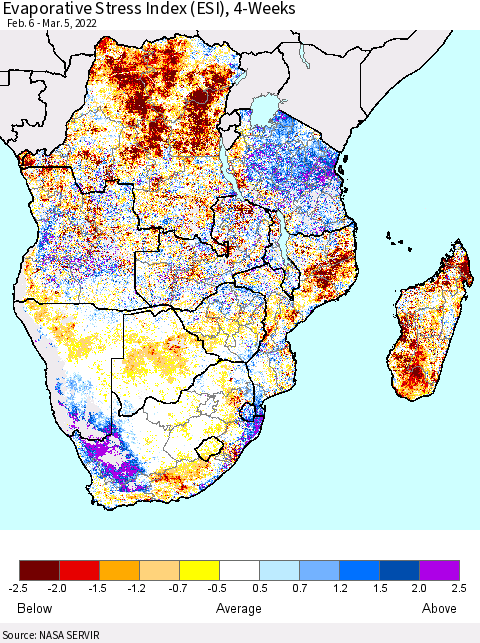 Southern Africa Evaporative Stress Index (ESI), 4-Weeks Thematic Map For 2/28/2022 - 3/6/2022