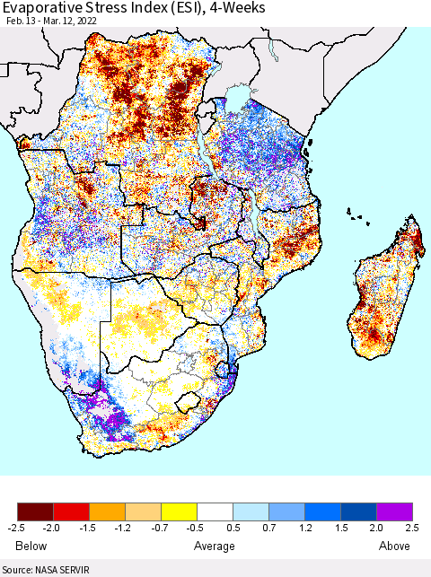 Southern Africa Evaporative Stress Index (ESI), 4-Weeks Thematic Map For 3/7/2022 - 3/13/2022