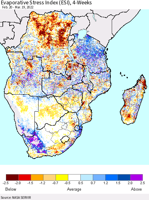 Southern Africa Evaporative Stress Index (ESI), 4-Weeks Thematic Map For 3/14/2022 - 3/20/2022