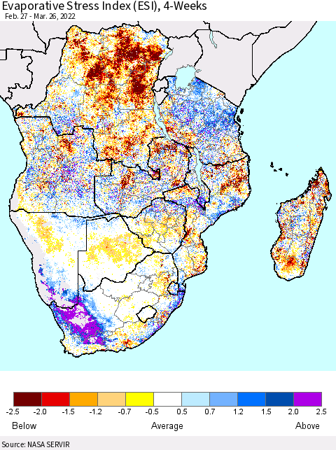 Southern Africa Evaporative Stress Index (ESI), 4-Weeks Thematic Map For 3/21/2022 - 3/27/2022