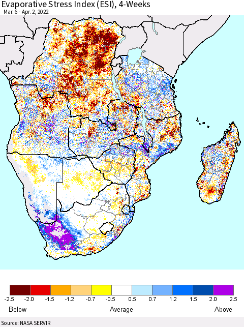 Southern Africa Evaporative Stress Index (ESI), 4-Weeks Thematic Map For 3/28/2022 - 4/3/2022