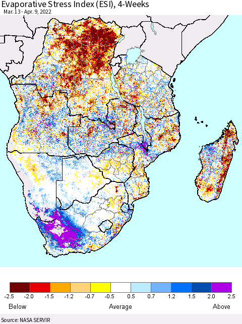 Southern Africa Evaporative Stress Index (ESI), 4-Weeks Thematic Map For 4/4/2022 - 4/10/2022