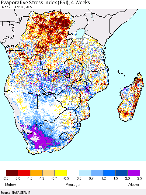 Southern Africa Evaporative Stress Index (ESI), 4-Weeks Thematic Map For 4/11/2022 - 4/17/2022