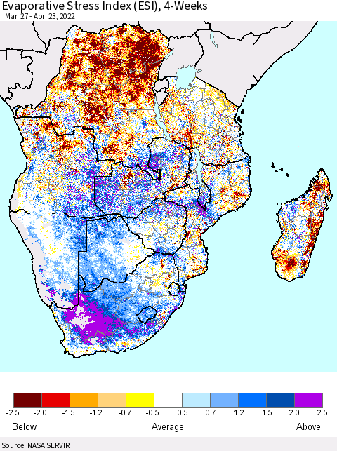 Southern Africa Evaporative Stress Index (ESI), 4-Weeks Thematic Map For 4/18/2022 - 4/24/2022
