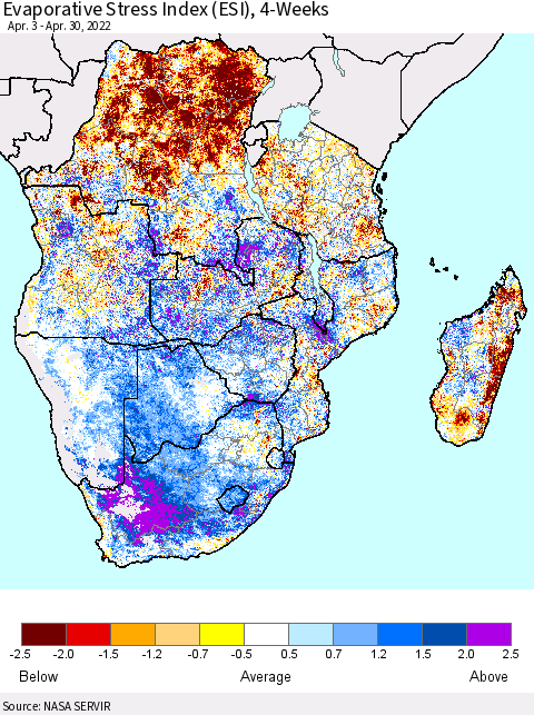 Southern Africa Evaporative Stress Index (ESI), 4-Weeks Thematic Map For 4/25/2022 - 5/1/2022