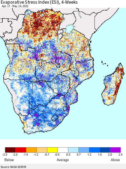 Southern Africa Evaporative Stress Index (ESI), 4-Weeks Thematic Map For 5/9/2022 - 5/15/2022