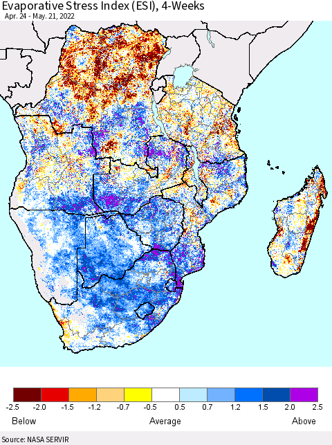 Southern Africa Evaporative Stress Index (ESI), 4-Weeks Thematic Map For 5/16/2022 - 5/22/2022