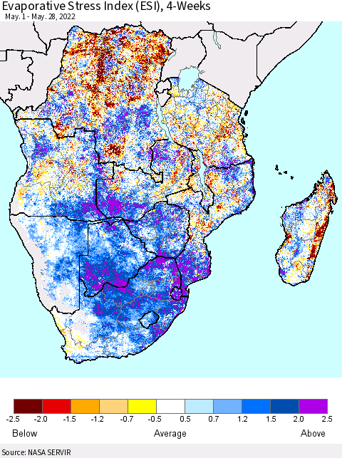 Southern Africa Evaporative Stress Index (ESI), 4-Weeks Thematic Map For 5/23/2022 - 5/29/2022