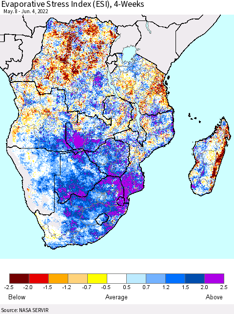 Southern Africa Evaporative Stress Index (ESI), 4-Weeks Thematic Map For 5/30/2022 - 6/5/2022