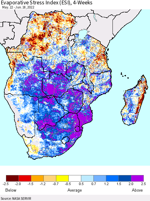 Southern Africa Evaporative Stress Index (ESI), 4-Weeks Thematic Map For 6/13/2022 - 6/19/2022