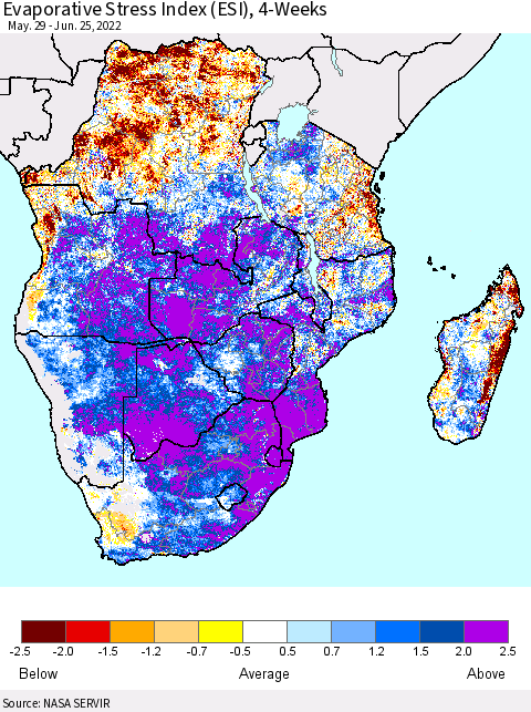 Southern Africa Evaporative Stress Index (ESI), 4-Weeks Thematic Map For 6/20/2022 - 6/26/2022