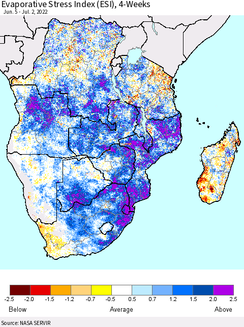 Southern Africa Evaporative Stress Index (ESI), 4-Weeks Thematic Map For 6/27/2022 - 7/3/2022