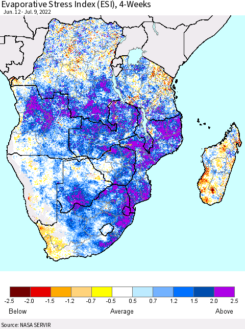 Southern Africa Evaporative Stress Index (ESI), 4-Weeks Thematic Map For 7/4/2022 - 7/10/2022