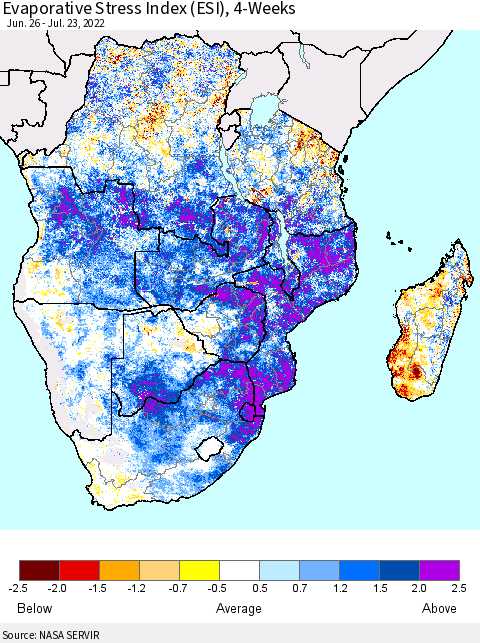 Southern Africa Evaporative Stress Index (ESI), 4-Weeks Thematic Map For 7/18/2022 - 7/24/2022