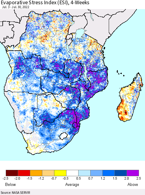 Southern Africa Evaporative Stress Index (ESI), 4-Weeks Thematic Map For 7/25/2022 - 7/31/2022