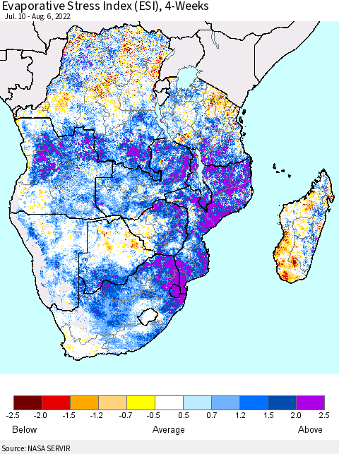 Southern Africa Evaporative Stress Index (ESI), 4-Weeks Thematic Map For 8/1/2022 - 8/7/2022