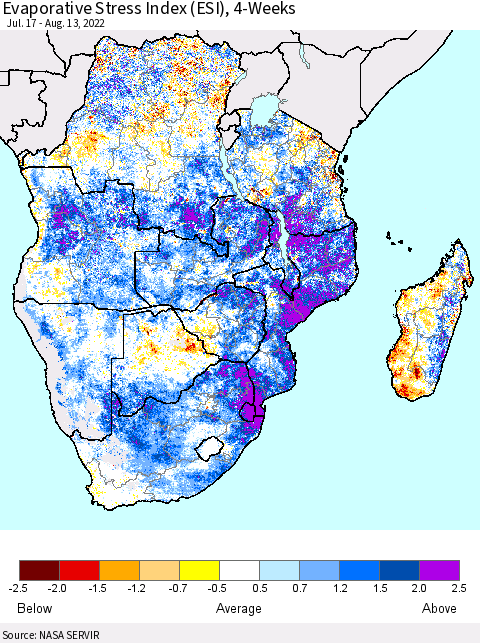 Southern Africa Evaporative Stress Index (ESI), 4-Weeks Thematic Map For 8/8/2022 - 8/14/2022