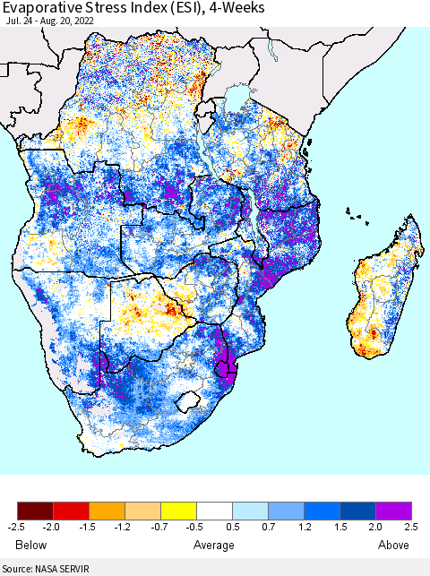 Southern Africa Evaporative Stress Index (ESI), 4-Weeks Thematic Map For 8/15/2022 - 8/21/2022