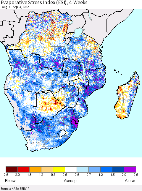 Southern Africa Evaporative Stress Index (ESI), 4-Weeks Thematic Map For 8/29/2022 - 9/4/2022