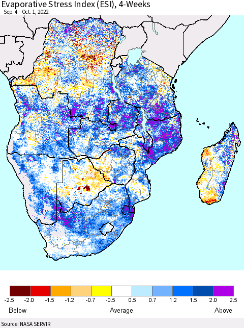 Southern Africa Evaporative Stress Index (ESI), 4-Weeks Thematic Map For 9/26/2022 - 10/2/2022