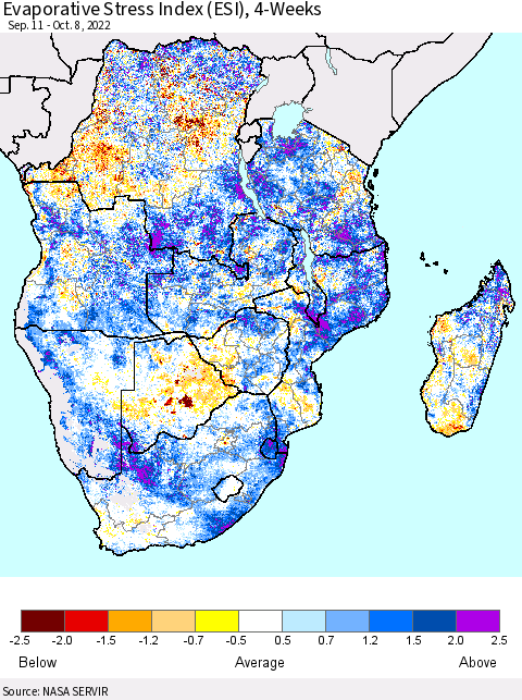 Southern Africa Evaporative Stress Index (ESI), 4-Weeks Thematic Map For 10/3/2022 - 10/9/2022