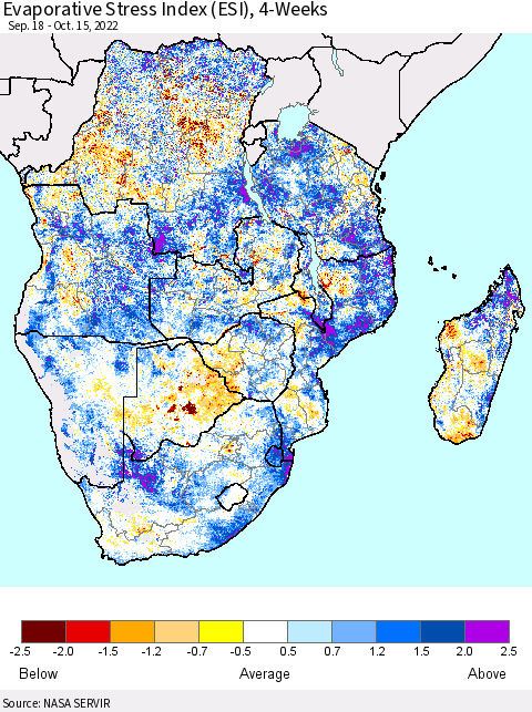 Southern Africa Evaporative Stress Index (ESI), 4-Weeks Thematic Map For 10/10/2022 - 10/16/2022