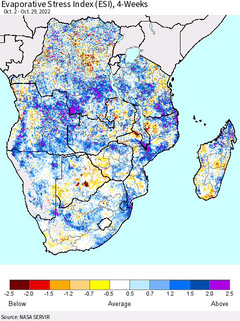 Southern Africa Evaporative Stress Index (ESI), 4-Weeks Thematic Map For 10/24/2022 - 10/30/2022