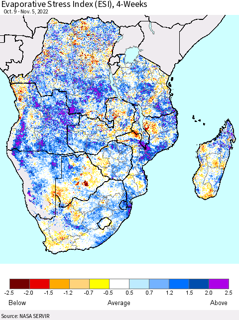 Southern Africa Evaporative Stress Index (ESI), 4-Weeks Thematic Map For 10/31/2022 - 11/6/2022