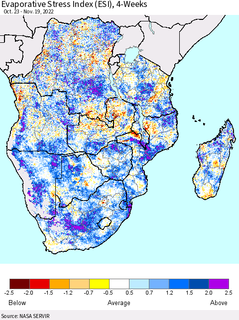 Southern Africa Evaporative Stress Index (ESI), 4-Weeks Thematic Map For 11/14/2022 - 11/20/2022
