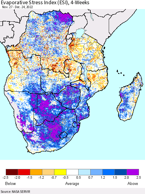 Southern Africa Evaporative Stress Index (ESI), 4-Weeks Thematic Map For 12/19/2022 - 12/25/2022