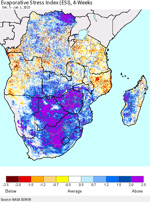 Southern Africa Evaporative Stress Index (ESI), 4-Weeks Thematic Map For 12/26/2022 - 1/1/2023