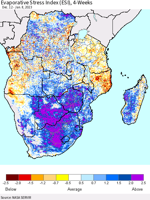 Southern Africa Evaporative Stress Index (ESI), 4-Weeks Thematic Map For 1/2/2023 - 1/8/2023