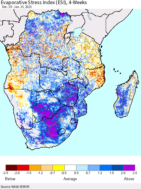 Southern Africa Evaporative Stress Index (ESI), 4-Weeks Thematic Map For 1/9/2023 - 1/15/2023