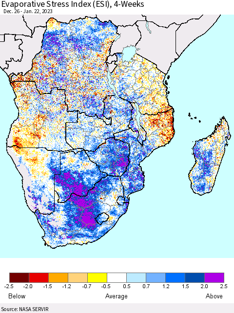 Southern Africa Evaporative Stress Index (ESI), 4-Weeks Thematic Map For 1/16/2023 - 1/22/2023
