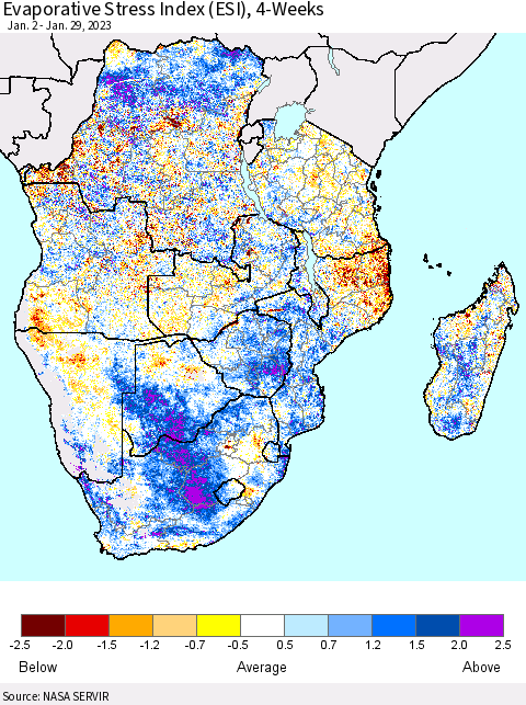 Southern Africa Evaporative Stress Index (ESI), 4-Weeks Thematic Map For 1/23/2023 - 1/29/2023