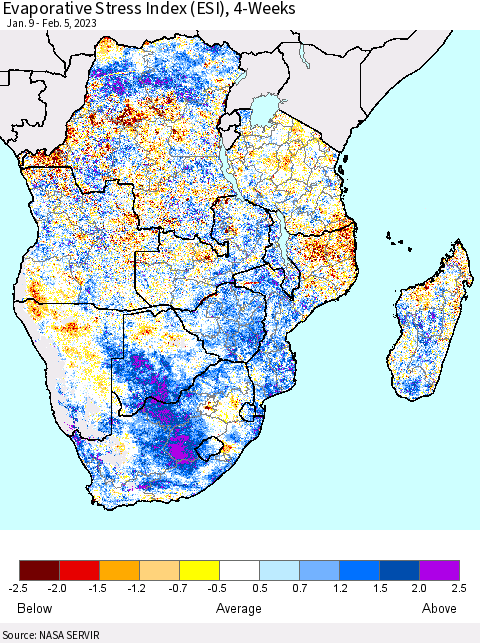 Southern Africa Evaporative Stress Index (ESI), 4-Weeks Thematic Map For 1/30/2023 - 2/5/2023