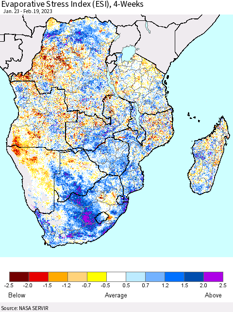 Southern Africa Evaporative Stress Index (ESI), 4-Weeks Thematic Map For 2/13/2023 - 2/19/2023