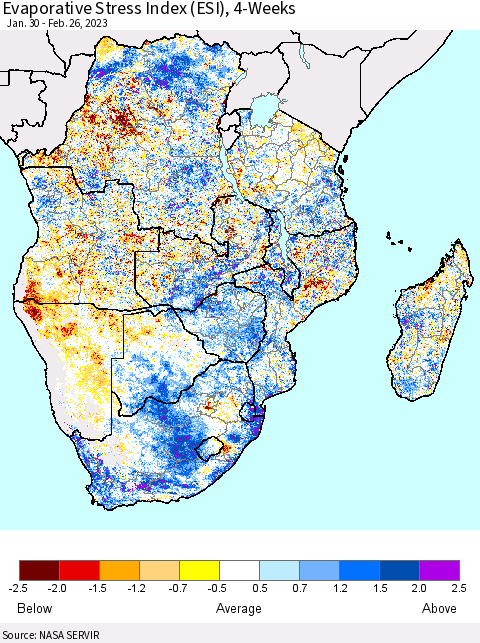 Southern Africa Evaporative Stress Index (ESI), 4-Weeks Thematic Map For 2/20/2023 - 2/26/2023