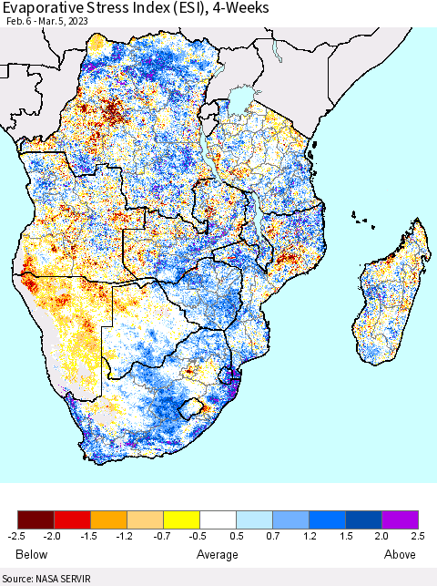Southern Africa Evaporative Stress Index (ESI), 4-Weeks Thematic Map For 2/27/2023 - 3/5/2023