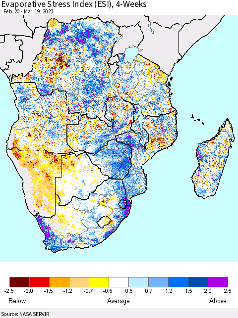 Southern Africa Evaporative Stress Index (ESI), 4-Weeks Thematic Map For 3/13/2023 - 3/19/2023