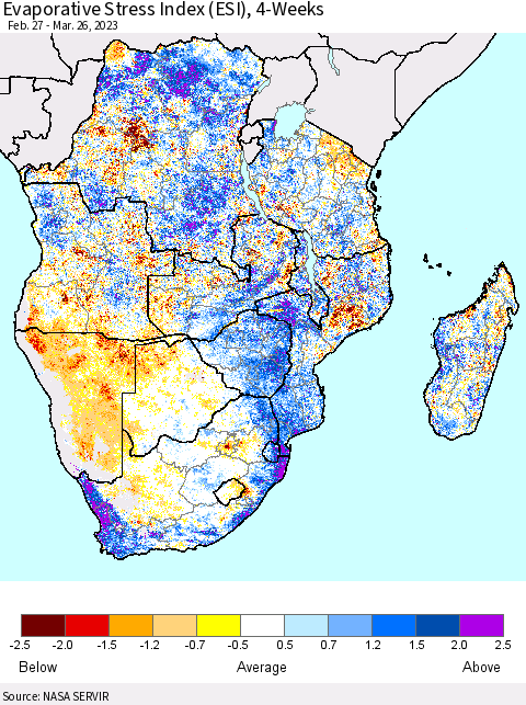 Southern Africa Evaporative Stress Index (ESI), 4-Weeks Thematic Map For 3/20/2023 - 3/26/2023