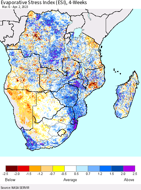 Southern Africa Evaporative Stress Index (ESI), 4-Weeks Thematic Map For 3/27/2023 - 4/2/2023