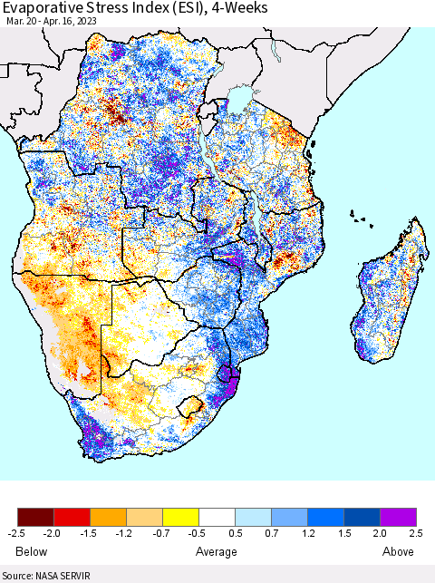Southern Africa Evaporative Stress Index (ESI), 4-Weeks Thematic Map For 4/10/2023 - 4/16/2023