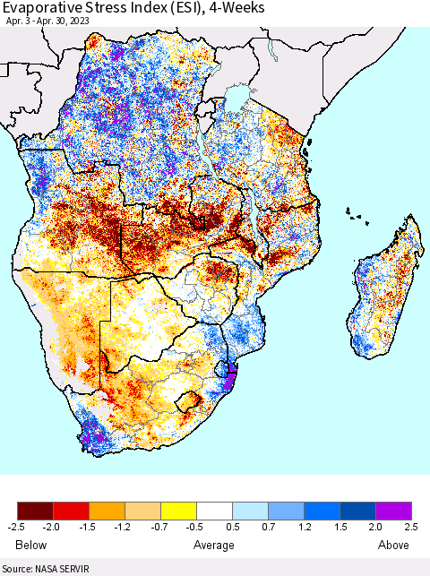 Southern Africa Evaporative Stress Index (ESI), 4-Weeks Thematic Map For 4/24/2023 - 4/30/2023